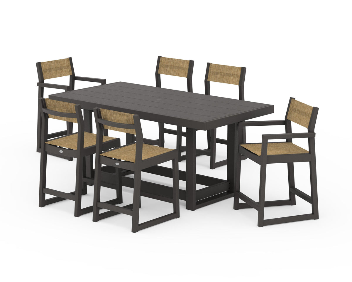 POLYWOOD EDGE Sling 7-Piece Counter Table Set in Vintage Coffee / Burlap
