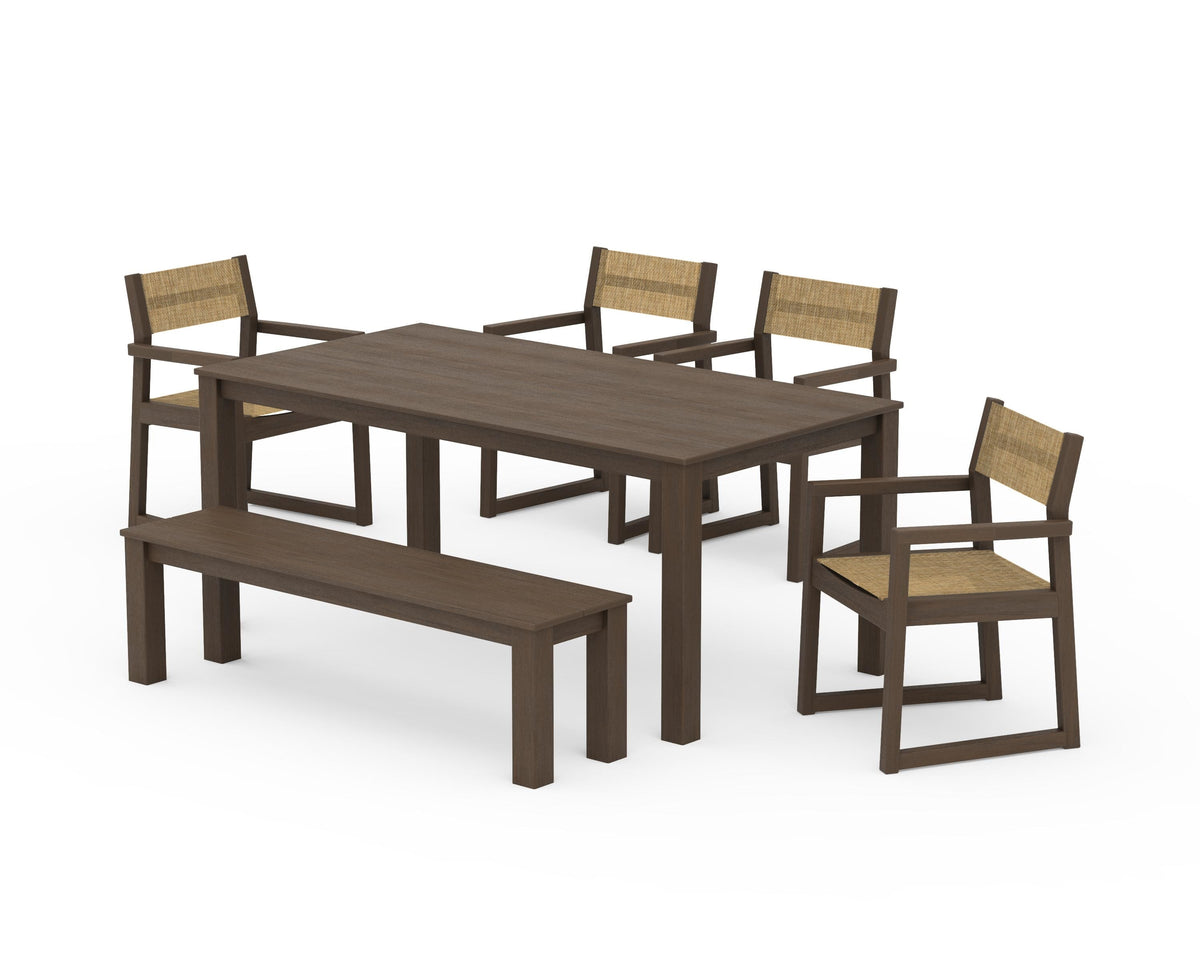 POLYWOOD EDGE Sling Arm Chair 6-Piece Parsons Dining Set with Bench in Kona / Burlap