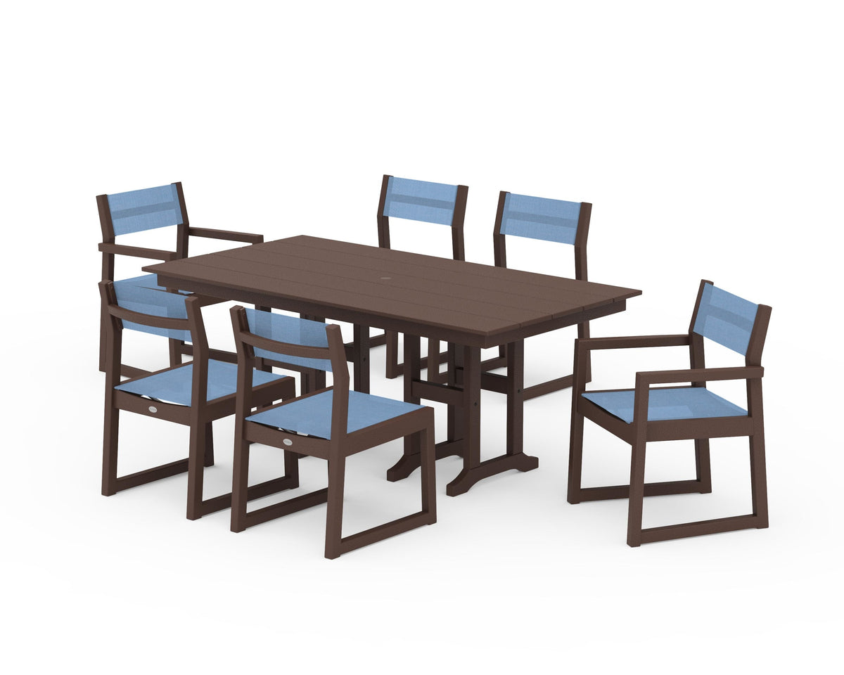 POLYWOOD EDGE Sling 7-Piece Farmhouse Dining Set in Mahogany / Poolside
