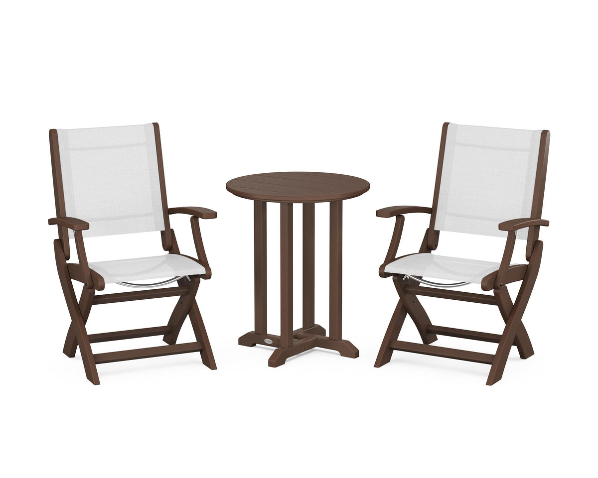 POLYWOOD Coastal Folding 3-Piece Round Bistro Dining Set in Mahogany / White