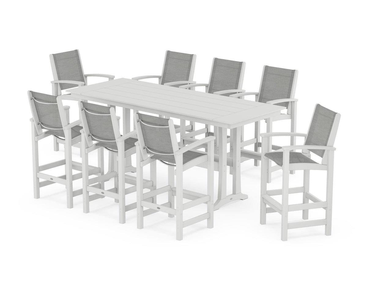 POLYWOOD Coastal 9-Piece Farmhouse Bar Set with Trestle Legs in White / Metallic