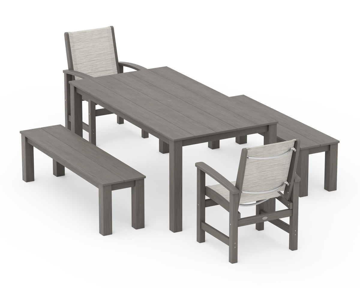 POLYWOOD Coastal 5-Piece Parsons Dining Set with Benches in Driftwood / Birch