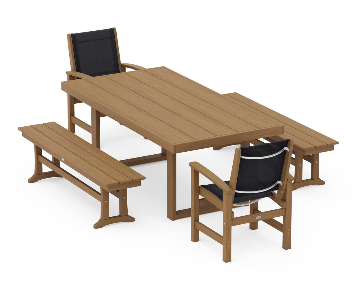 POLYWOOD Coastal 5-Piece Dining Set with Trestle Legs with EDGE 40" x 78" Dining Table in Natural / Black