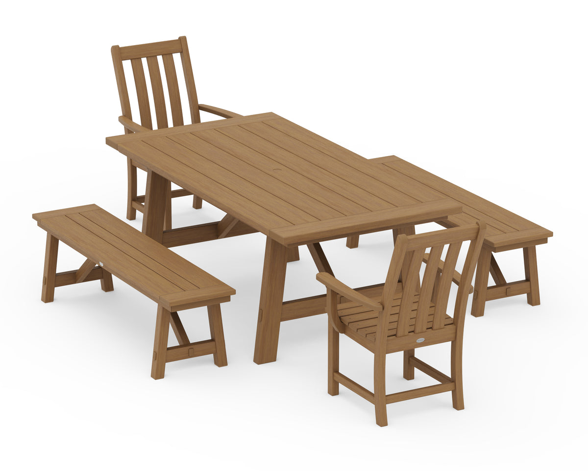 POLYWOOD Vineyard 5-Piece Rustic Farmhouse Dining Set with Benches in Natural