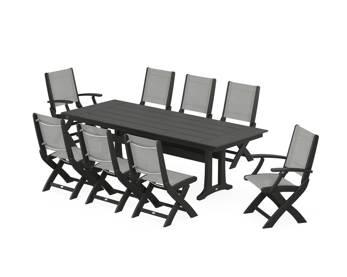 POLYWOOD Coastal 9-Piece Folding Dining Chair Farmhouse Dining Set with Trestle Legs in Black / Metallic