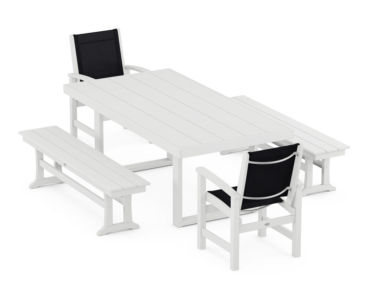 POLYWOOD Coastal 5-Piece Dining Set with Trestle Legs with EDGE 40" x 78" Dining Table in White / Black
