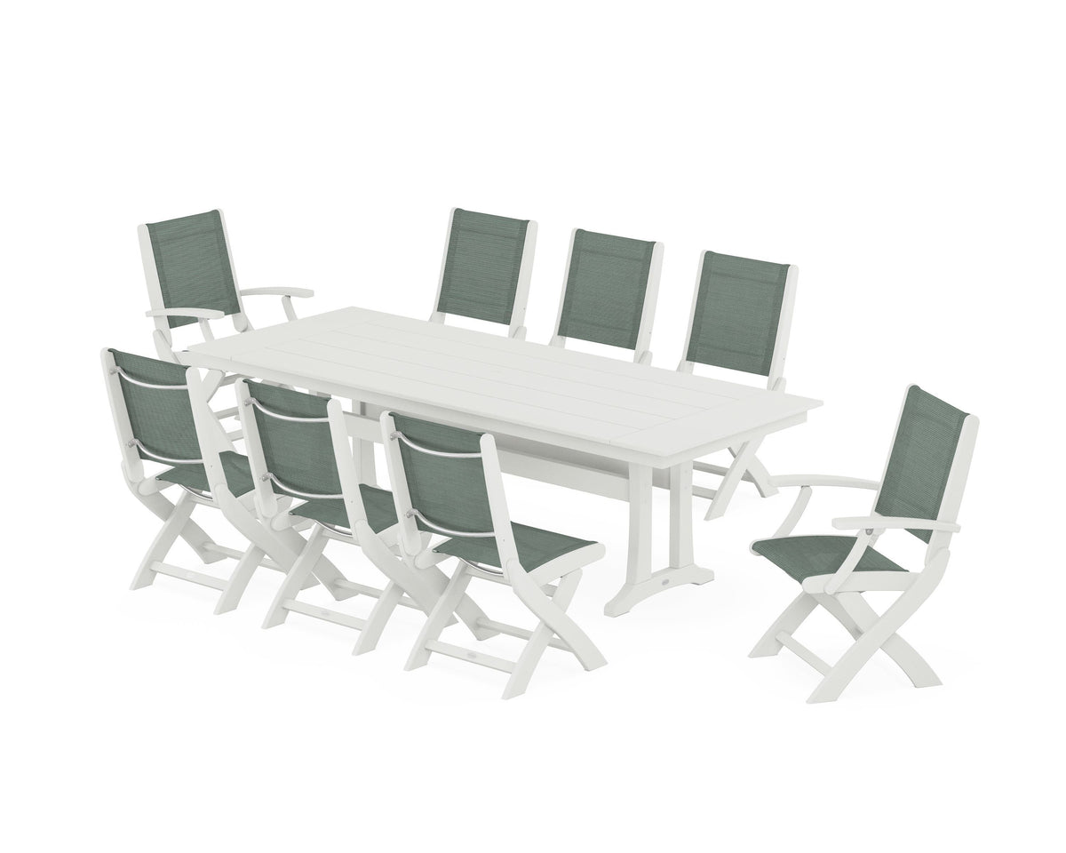 POLYWOOD Coastal 9-Piece Folding Dining Chair Farmhouse Dining Set with Trestle Legs in Vintage White / Dupioni Sea Mist
