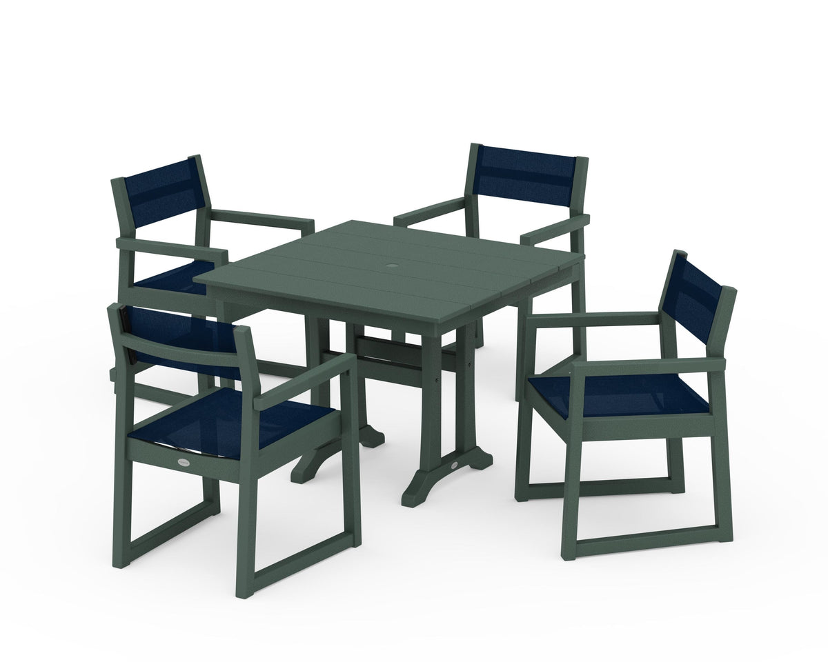 POLYWOOD EDGE Sling 5-Piece Farmhouse Dining Set with Trestle Legs in Green / Navy Blue