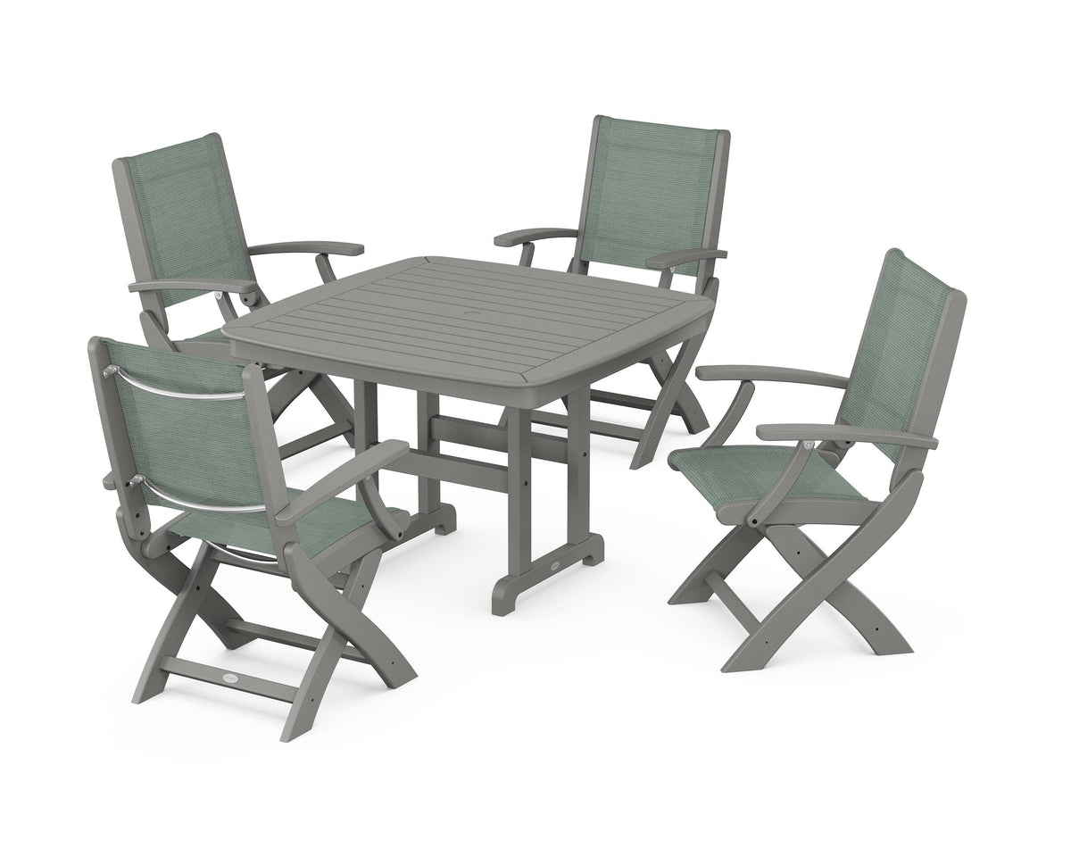 POLYWOOD Coastal Folding Chair 5-Piece Dining Set with Nautical 44" Dining Table in Slate Grey / Dupioni Sea Mist