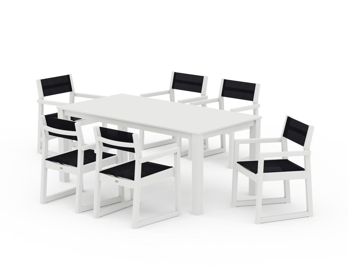 POLYWOOD EDGE Sling Arm Chair 7-Piece Parsons Dining Set in Vintage White / Black