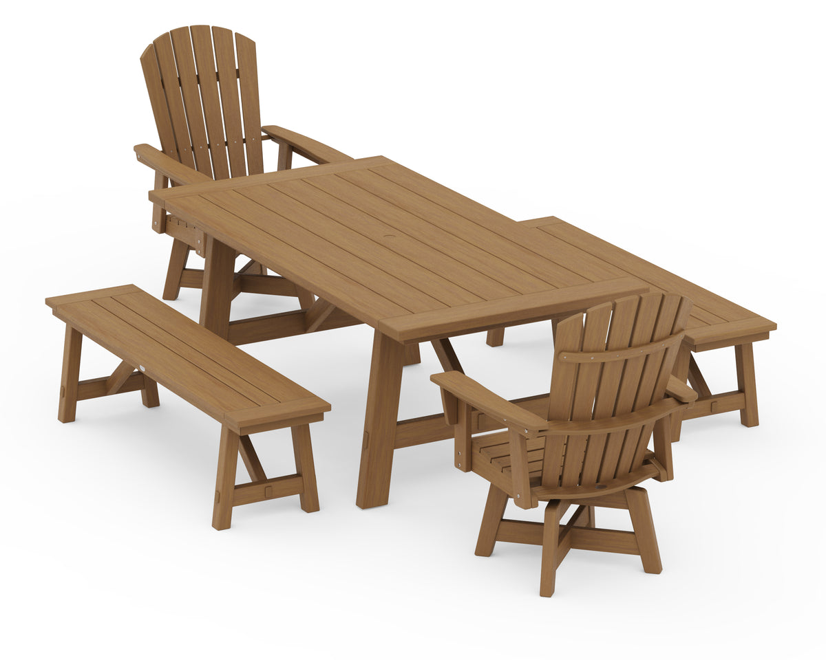 POLYWOOD Nautical Curveback Adirondack Swivel Chair 5-Piece Rustic Farmhouse Dining Set with Benches in Natural