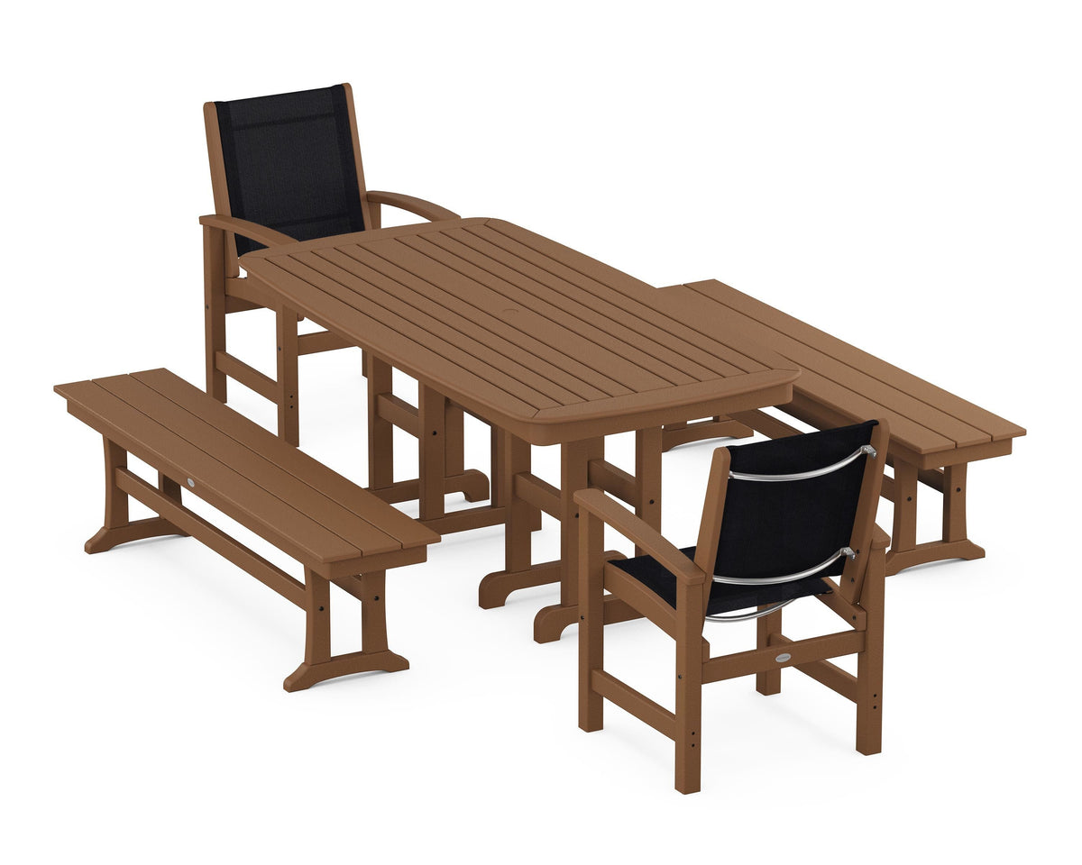 POLYWOOD Coastal 5-Piece Dining Set with Nautical 37" x 72" Dining Table in Teak / Black
