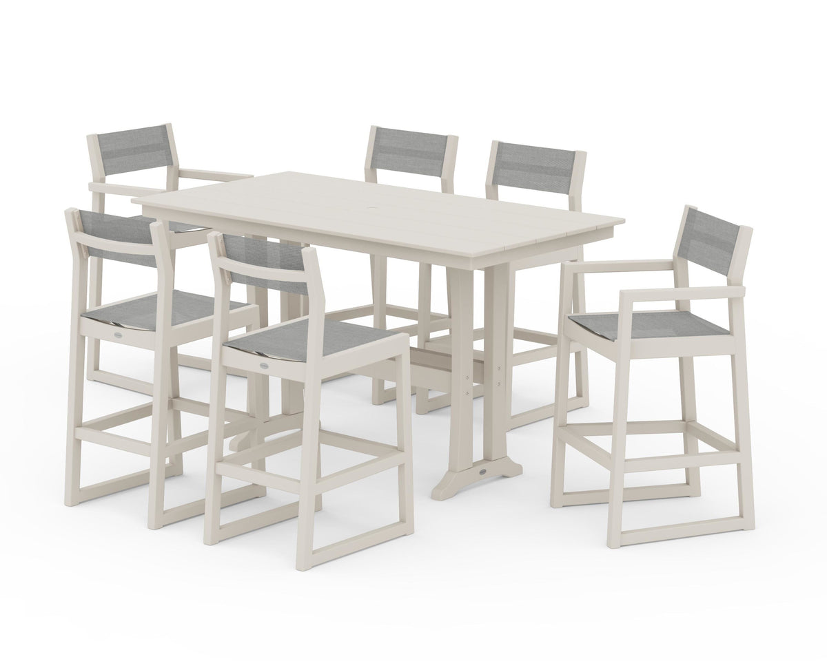 POLYWOOD EDGE Sling 7-Piece Farmhouse Bar Set with Trestle Legs in Sand / Metallic