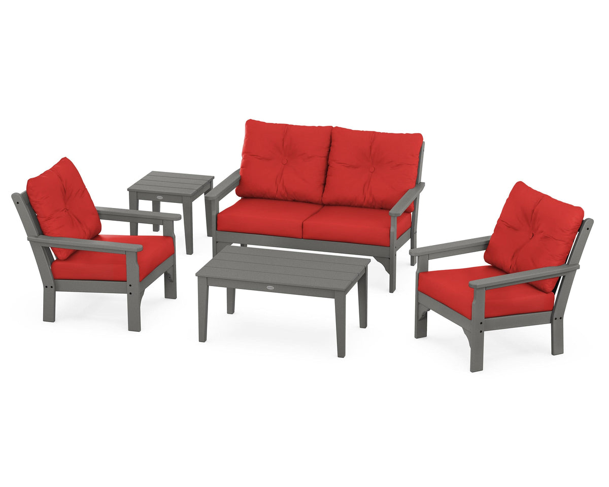 POLYWOOD Vineyard 5-Piece Deep Seating Set with Two Chairs and Loveseat in Slate Grey / Crimson Linen