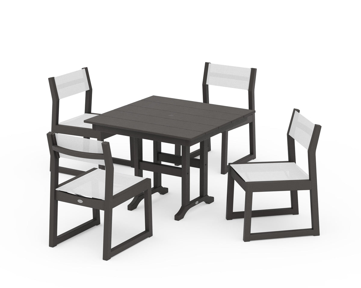 POLYWOOD EDGE Sling Side Chair 5-Piece Farmhouse Dining Set in Vintage Coffee / White