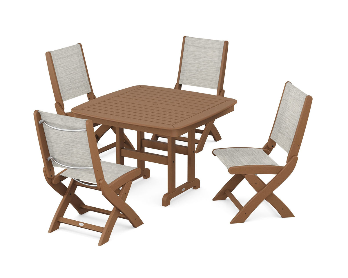 POLYWOOD Coastal Folding Side Chair 5-Piece Dining Set with Nautical 44" Dining Table in Teak / Birch