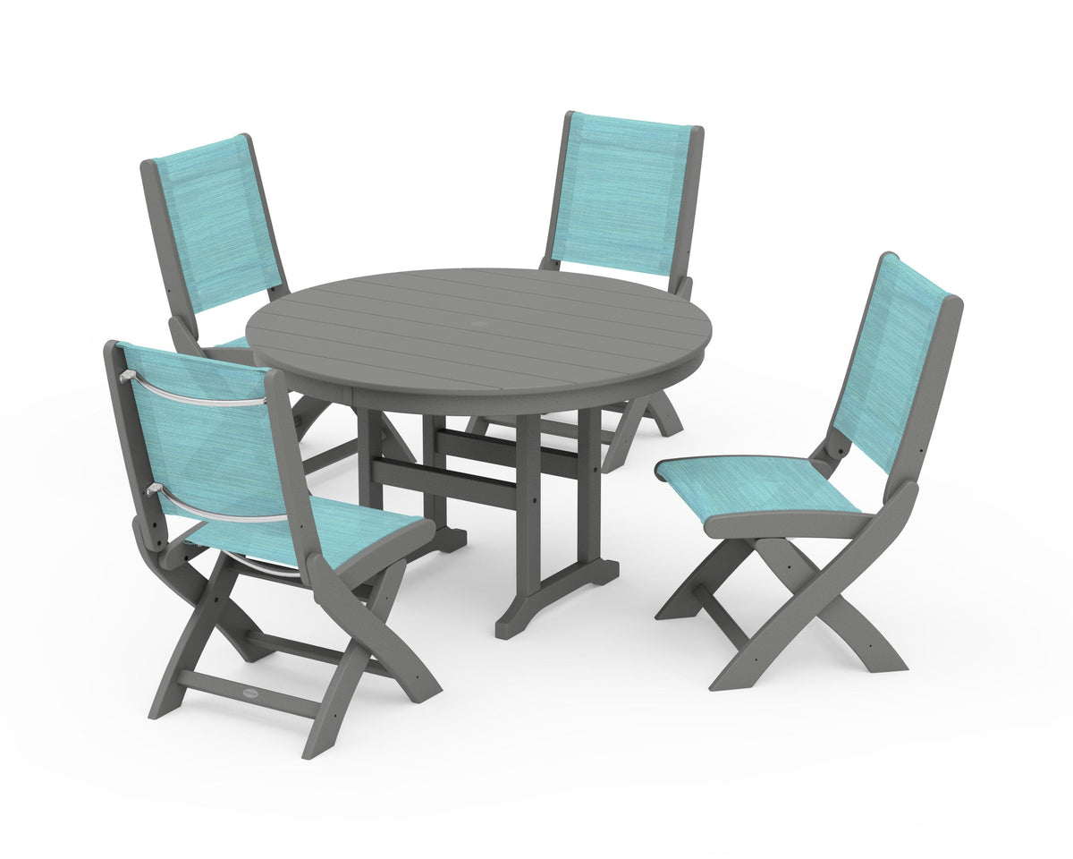 POLYWOOD Coastal Folding Side Chair 5-Piece Round Dining Set in Slate Grey / Dupioni Aquamarine