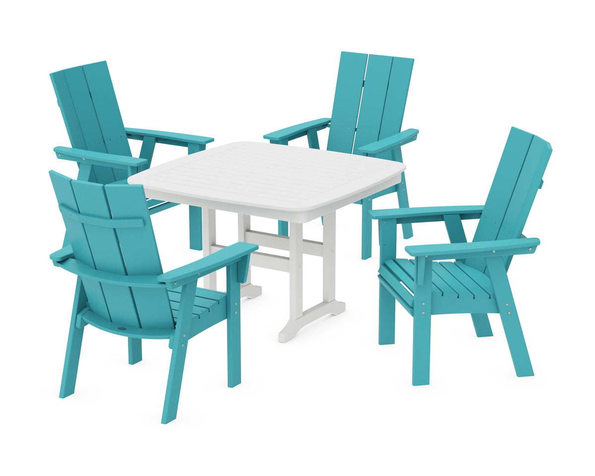 POLYWOOD Modern Curveback Adirondack 5-Piece Dining Set - 44" Table in Aruba / White