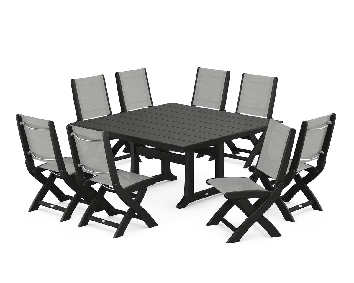 POLYWOOD Coastal Folding Side Chair 9-Piece Farmhouse Dining Set in Black / Metallic