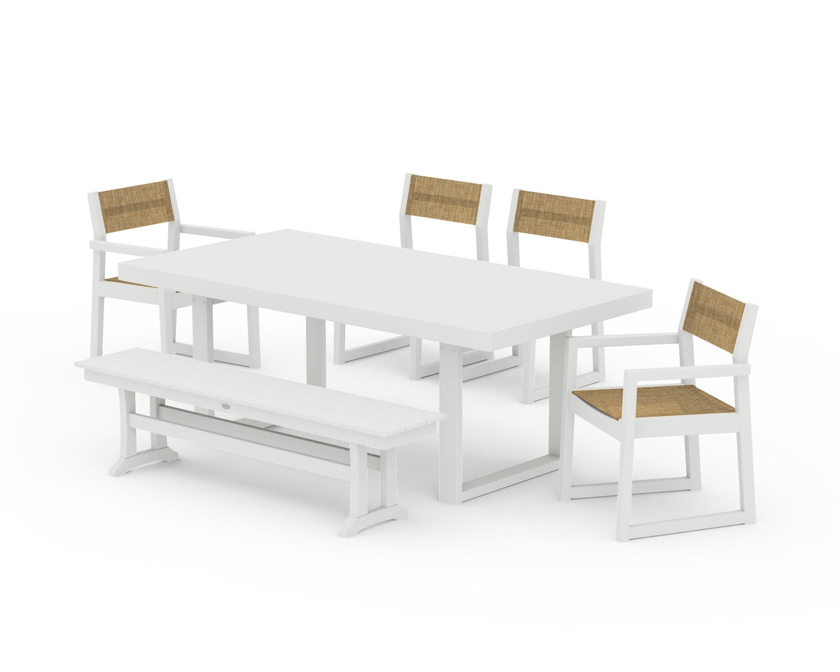 POLYWOOD EDGE Sling 6-Piece Dining Set with Bench in Vintage White / Burlap
