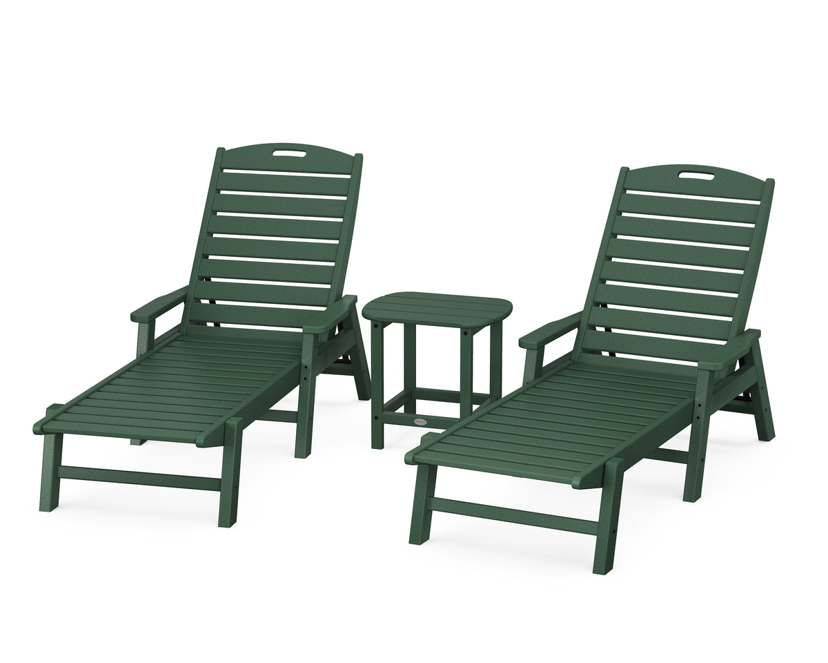 POLYWOOD Nautical 3-Piece Chaise Set with South Beach 18" Side Table in Green
