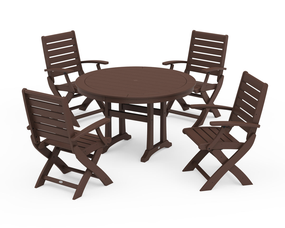 POLYWOOD Signature Folding Chair 5-Piece Round Dining Set with Trestle Legs in Mahogany
