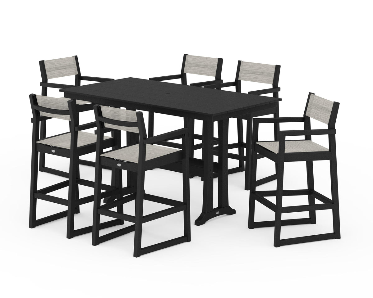 POLYWOOD EDGE Sling Arm Chair 7-Piece Farmhouse Bar Set with Trestle Legs in Black / Birch