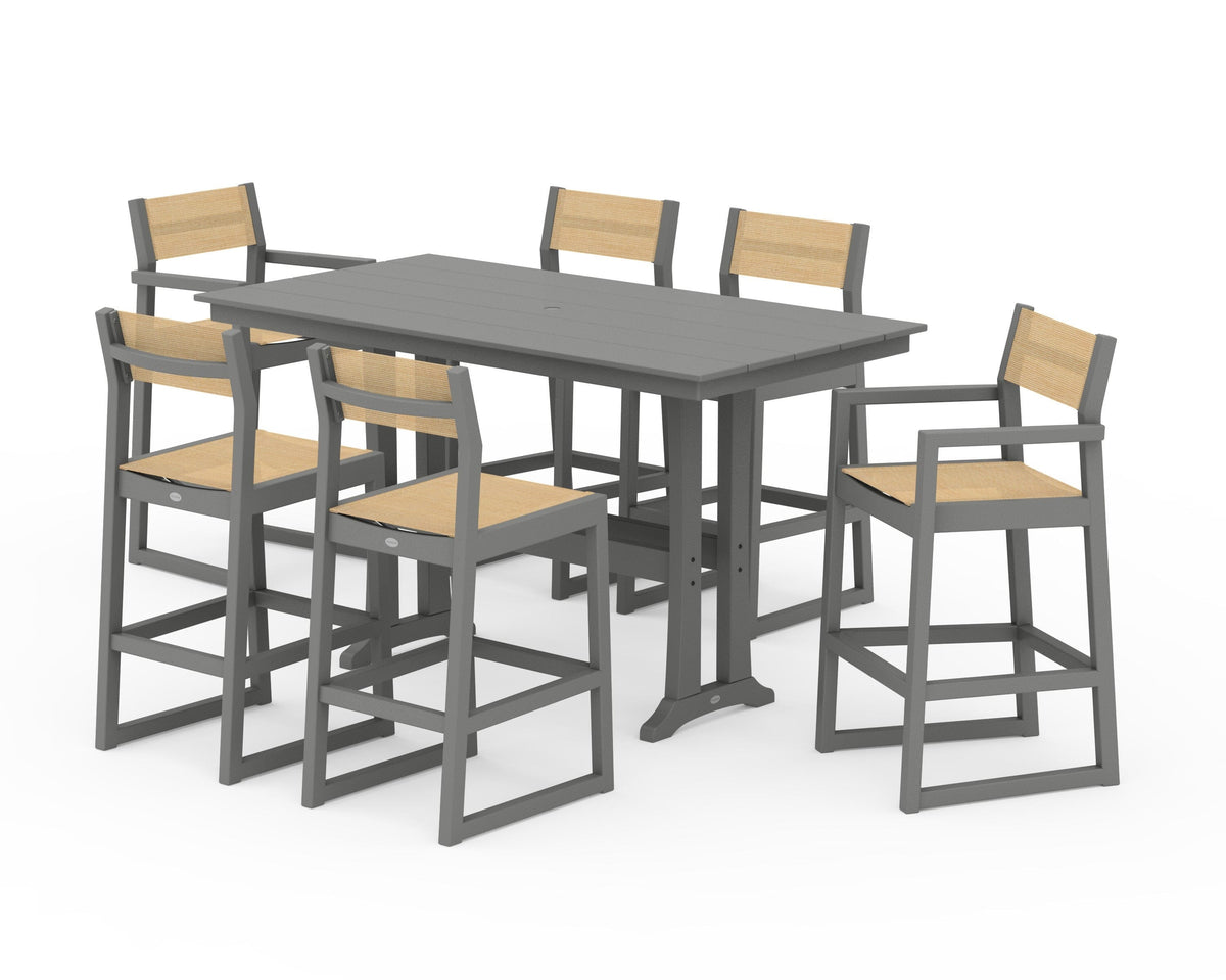 POLYWOOD EDGE Sling 7-Piece Farmhouse Bar Set with Trestle Legs in Slate Grey / Dupioni Apricot