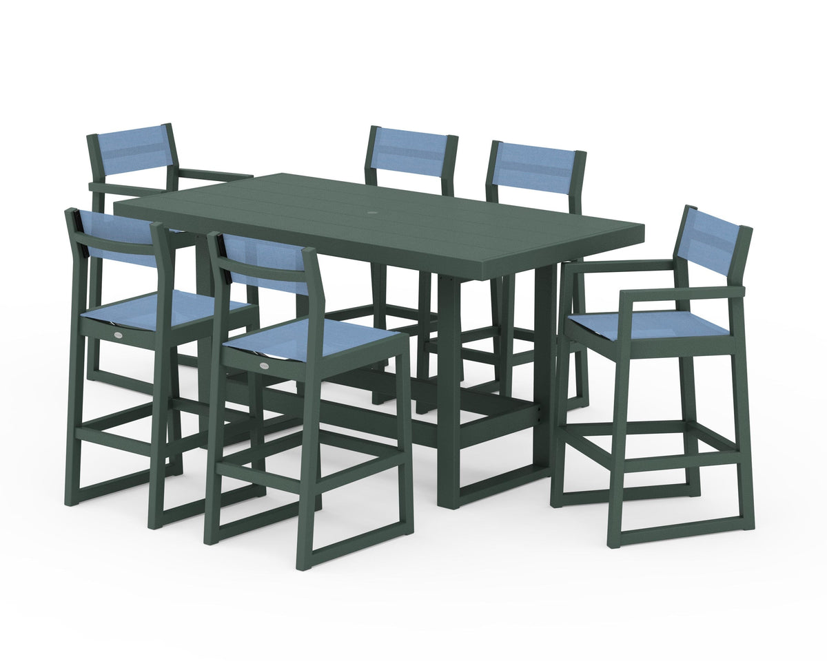 POLYWOOD EDGE Sling 7-Piece Bar Table Set in Green / Poolside