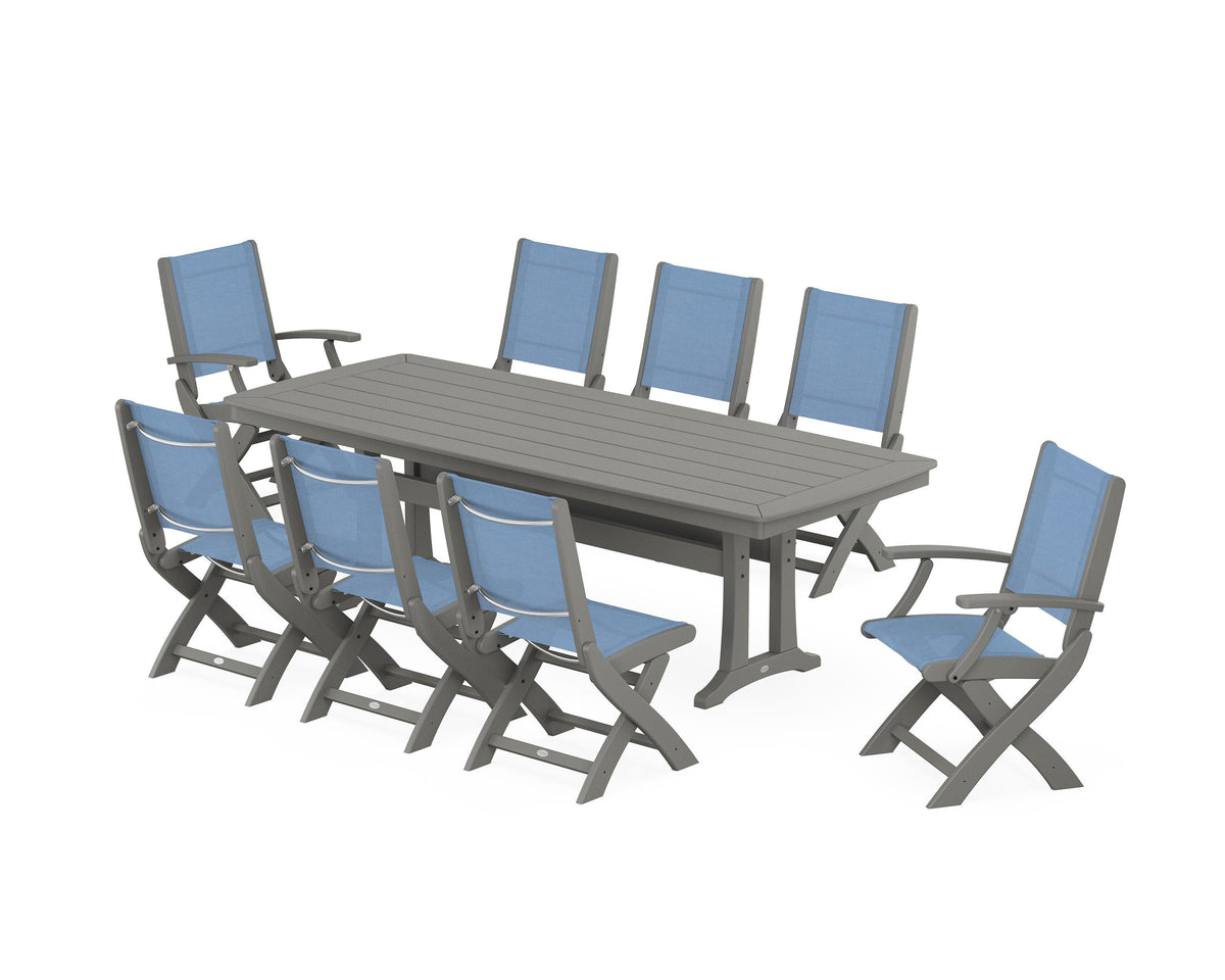 POLYWOOD Coastal Folding 9-Piece Dining Set with Trestle Legs in Slate Grey / Poolside