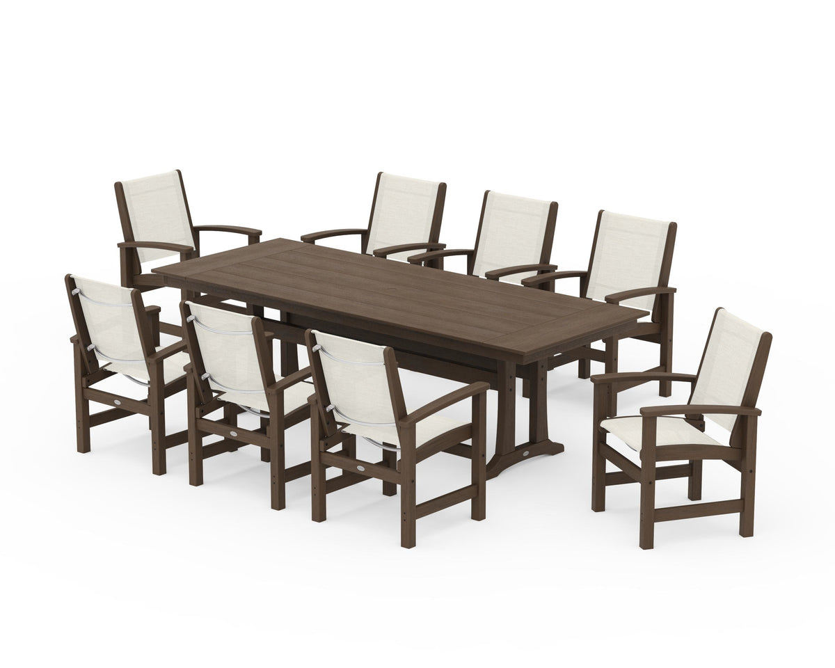 POLYWOOD Coastal 9-Piece Farmhouse Dining Set with Trestle Legs in Kona / Parchment