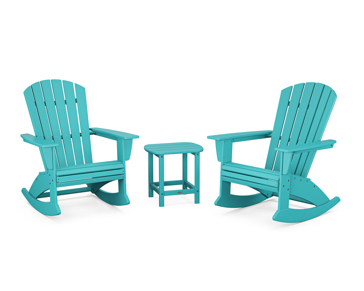 POLYWOOD Nautical Curveback 3-Piece Adirondack Rocking Chair Set in Aruba