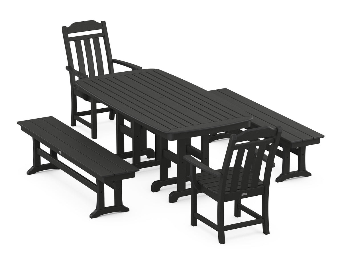 POLYWOOD Cottage 5-Piece Dining Set with Benches in Black