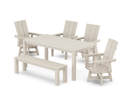 POLYWOOD Modern Curveback Adirondack 6-Piece Parsons Swivel Dining Set with Bench in Sand
