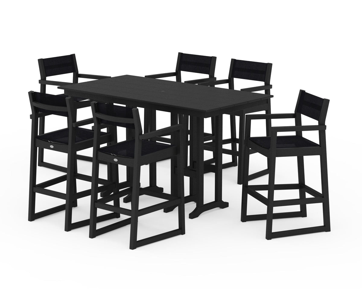 POLYWOOD EDGE Sling Arm Chair 7-Piece Farmhouse Bar Set in Black / Black