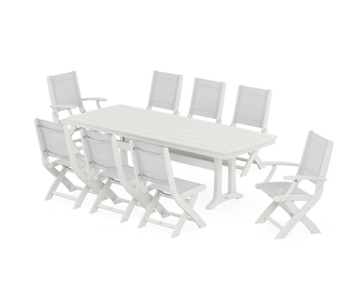 POLYWOOD Coastal Folding 9-Piece Dining Set with Trestle Legs in White / White