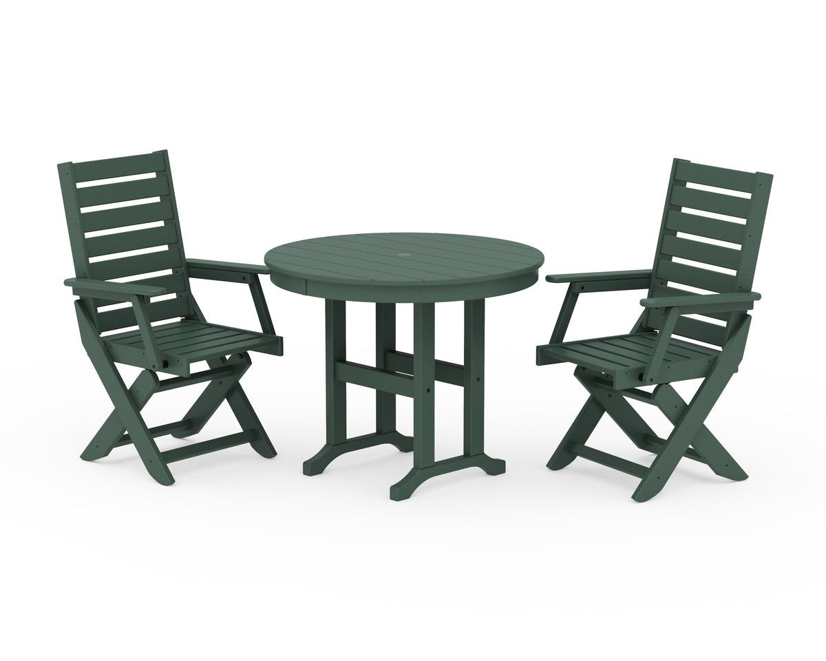 POLYWOOD Captain Folding Chair 3-Piece Round Dining Set in Green