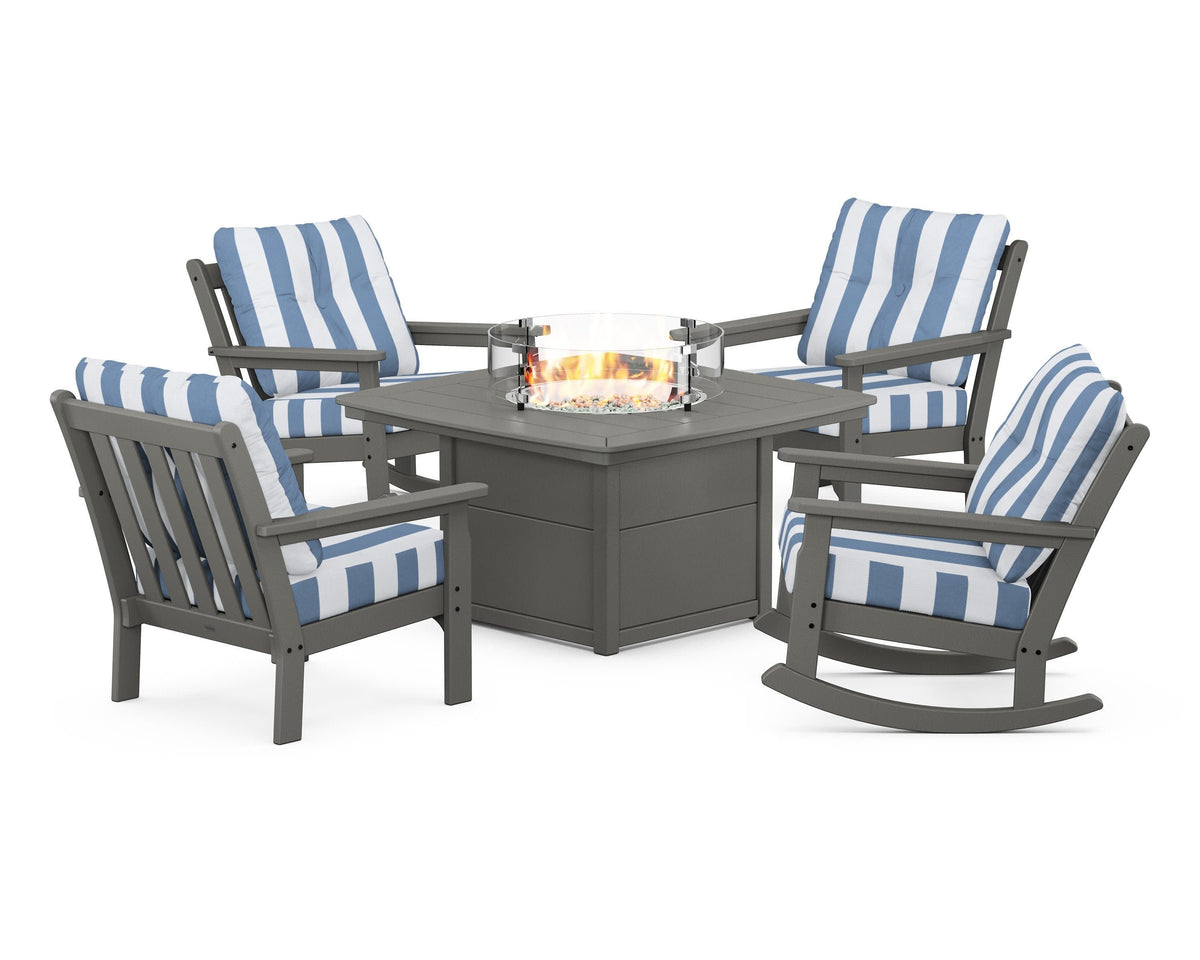 POLYWOOD Vineyard 5-Piece Deep Seating Rocking Chair Conversation Set with Fire Pit Table in Slate Grey / Cabana Stripe Sky Blue
