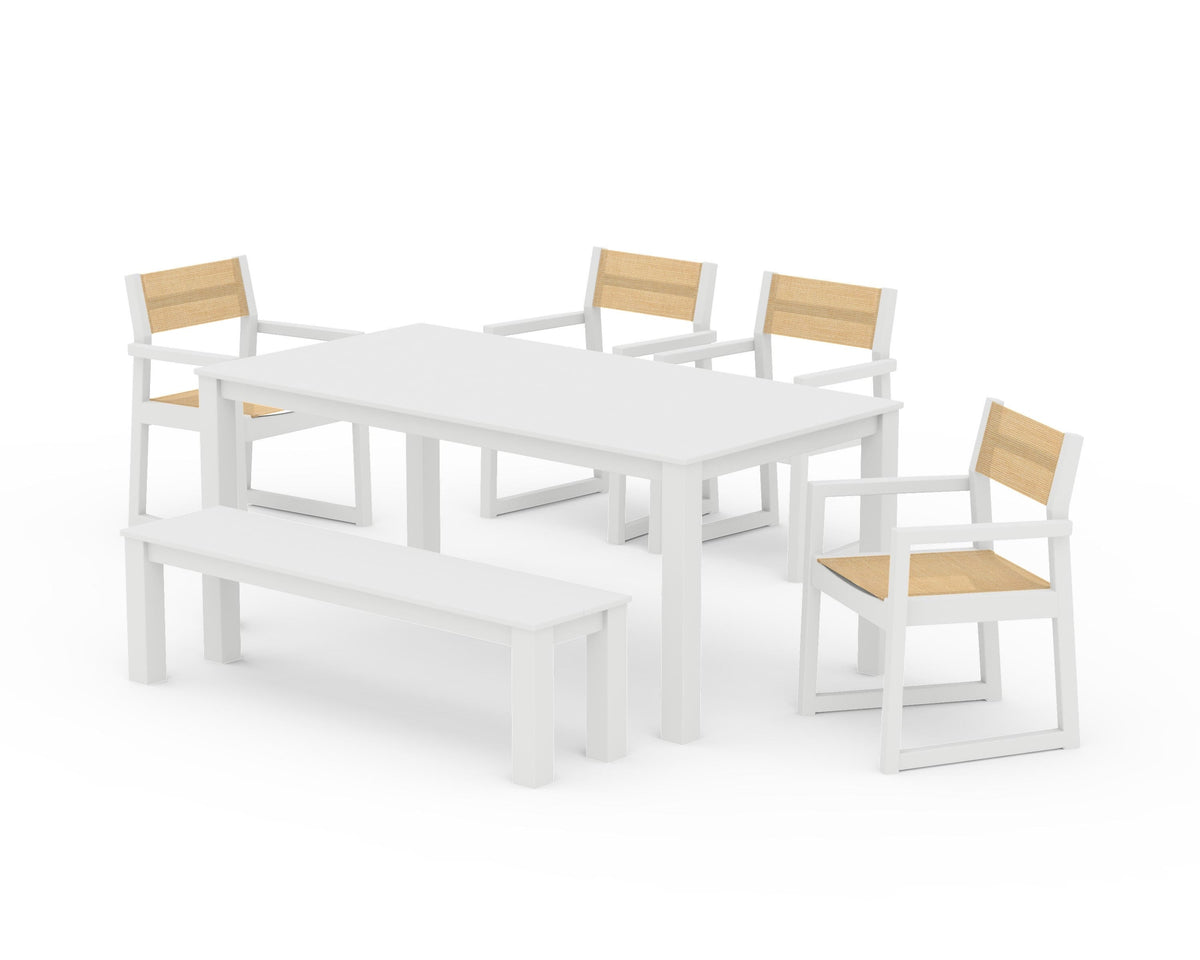POLYWOOD EDGE Sling Arm Chair 6-Piece Parsons Dining Set with Bench in White / Dupioni Apricot