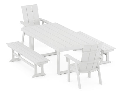 POLYWOOD Modern Curveback Adirondack 5-Piece Dining Set with Benches - 39" x 78" Table in White