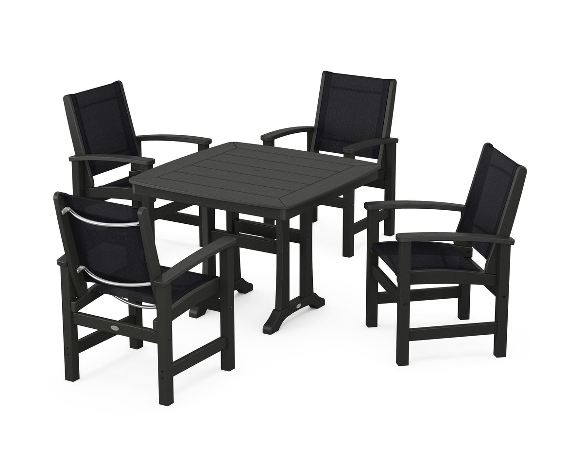 POLYWOOD Coastal 5-Piece Dining Set with Trestle Legs with Nautical Trestle 37" Dining Table in Black / Black