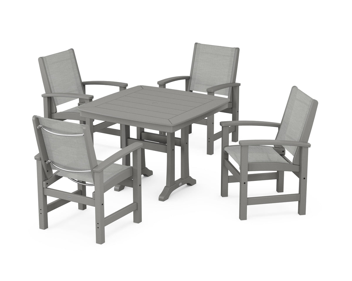 POLYWOOD Coastal 5-Piece Dining Set with Trestle Legs with Nautical Trestle 37" Dining Table in Slate Grey / Metallic