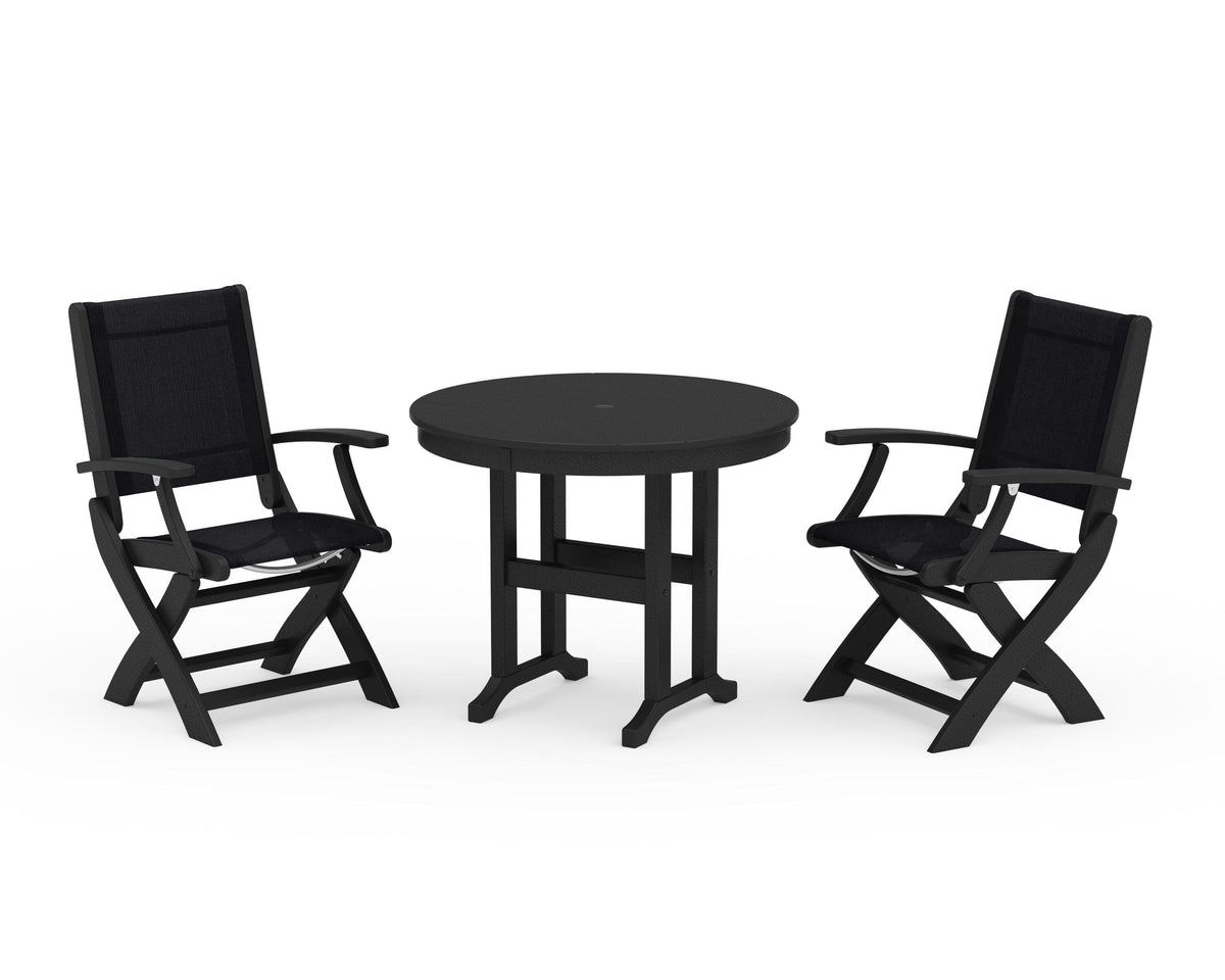 POLYWOOD Coastal Folding Chair 3-Piece Round Dining Set in Black / Black