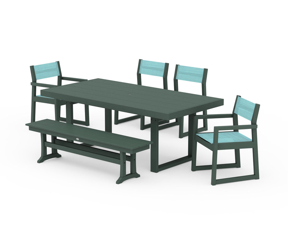 POLYWOOD EDGE Sling 6-Piece Dining Set with Bench in Green / Dupioni Aquamarine