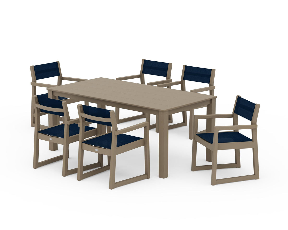 POLYWOOD EDGE Sling Arm Chair 7-Piece Parsons Dining Set in Vintage Sahara / Navy Blue
