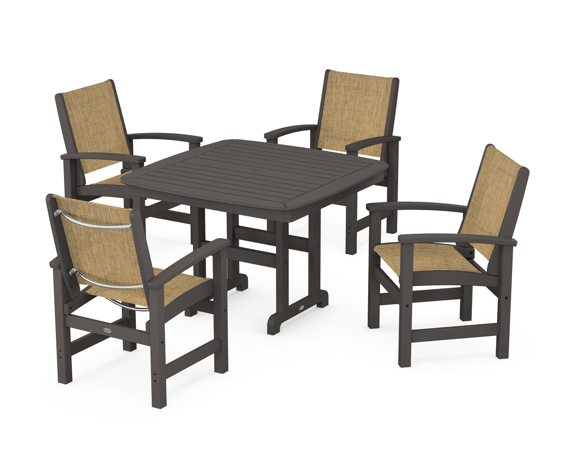 POLYWOOD Coastal 5-Piece Dining Set with Nautical 44" Dining Table in Vintage Coffee / Burlap