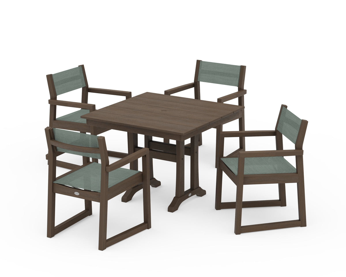 POLYWOOD EDGE Sling 5-Piece Farmhouse Dining Set with Trestle Legs in Kona / Dupioni Sea Mist
