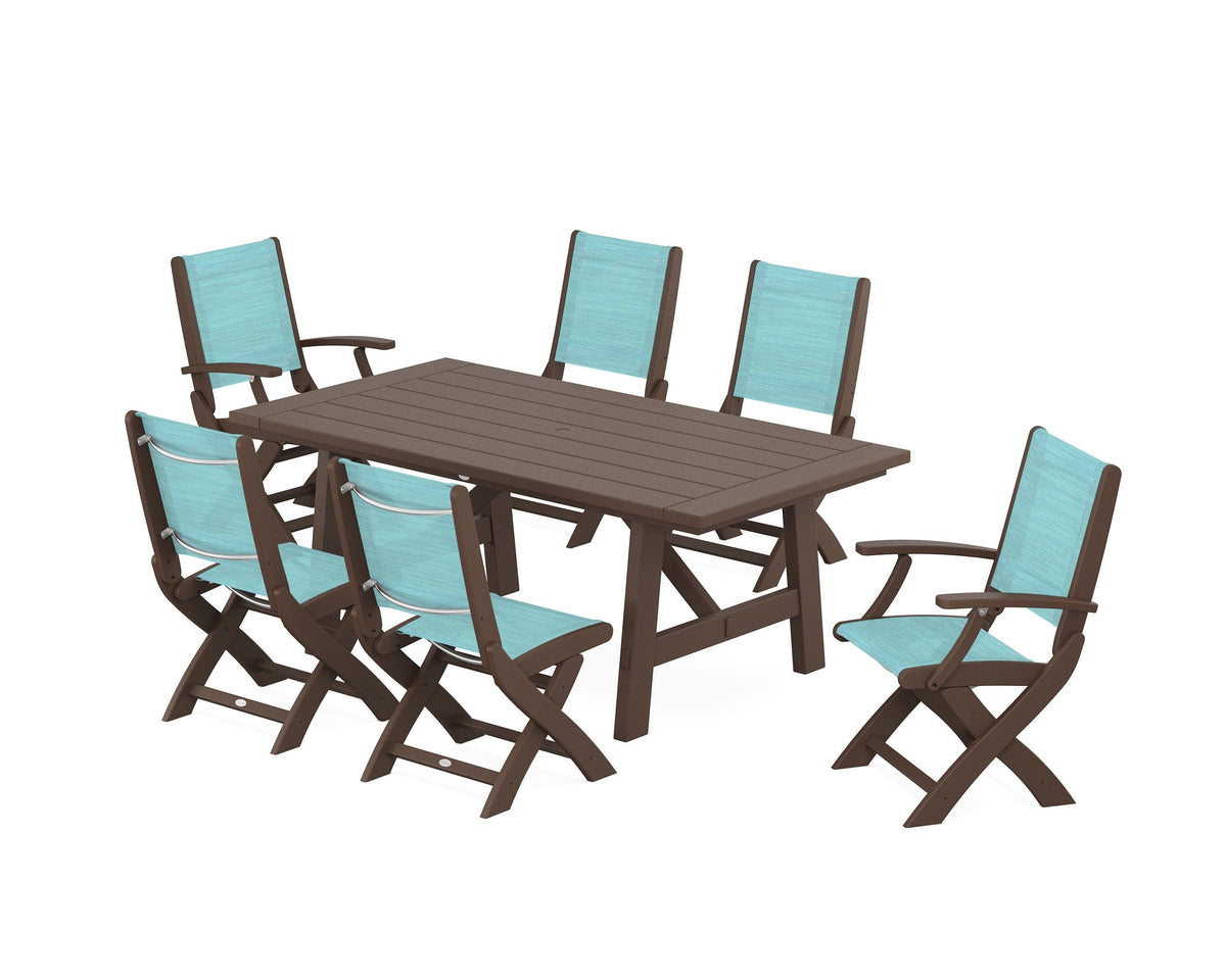 POLYWOOD Coastal Folding Chair 7-Piece Rustic Farmhouse Dining Set in Mahogany / Dupioni Aquamarine