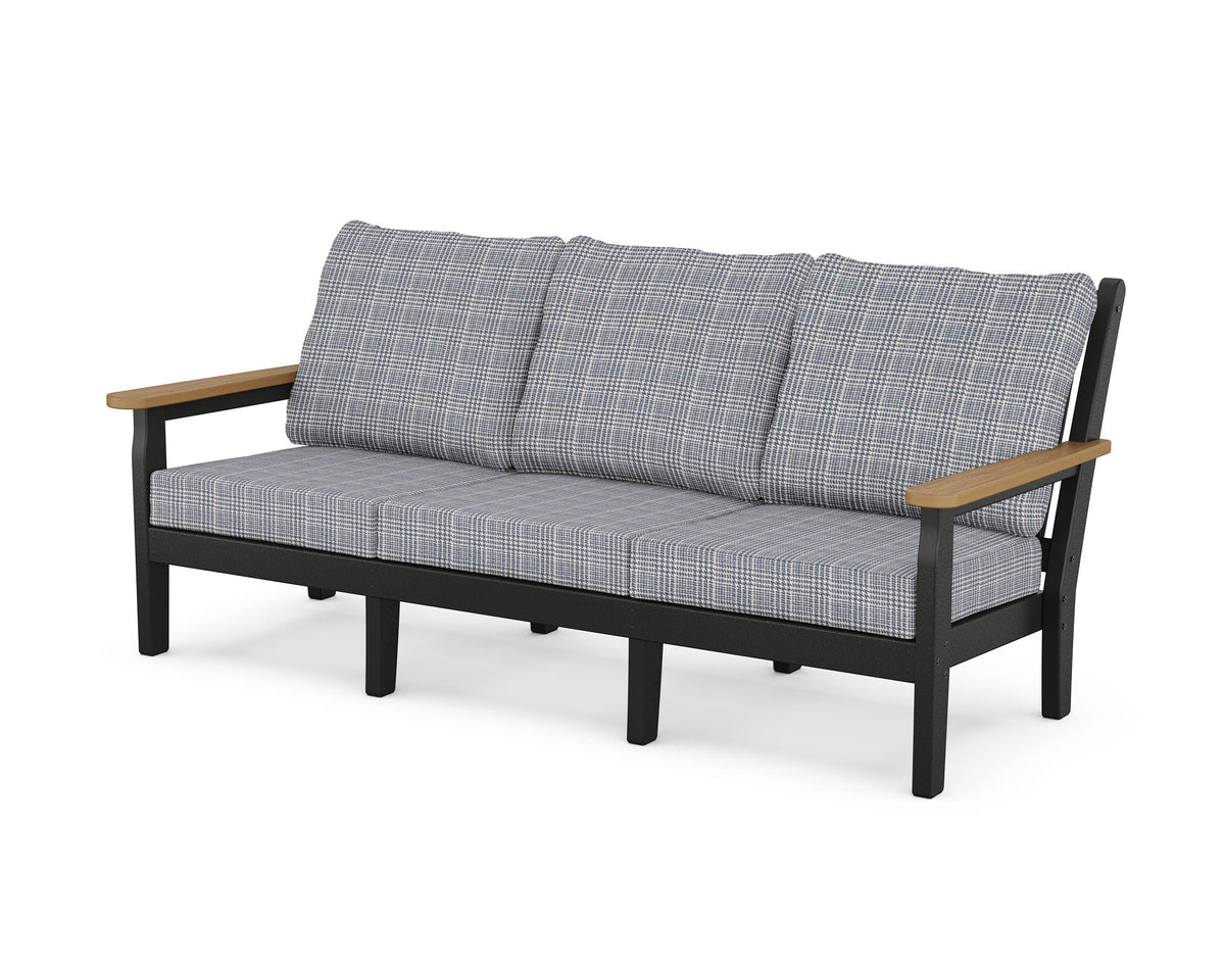 POLYWOOD Chippendale Deep Seating Sofa in Black / Natural / Houndstooth Sky Blue