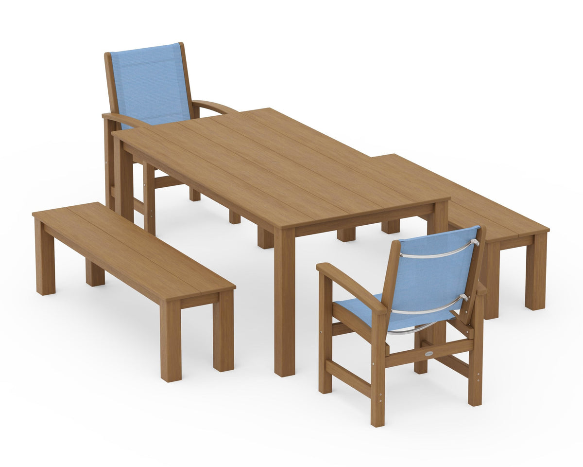 POLYWOOD Coastal 5-Piece Parsons Dining Set with Benches in Natural / Poolside